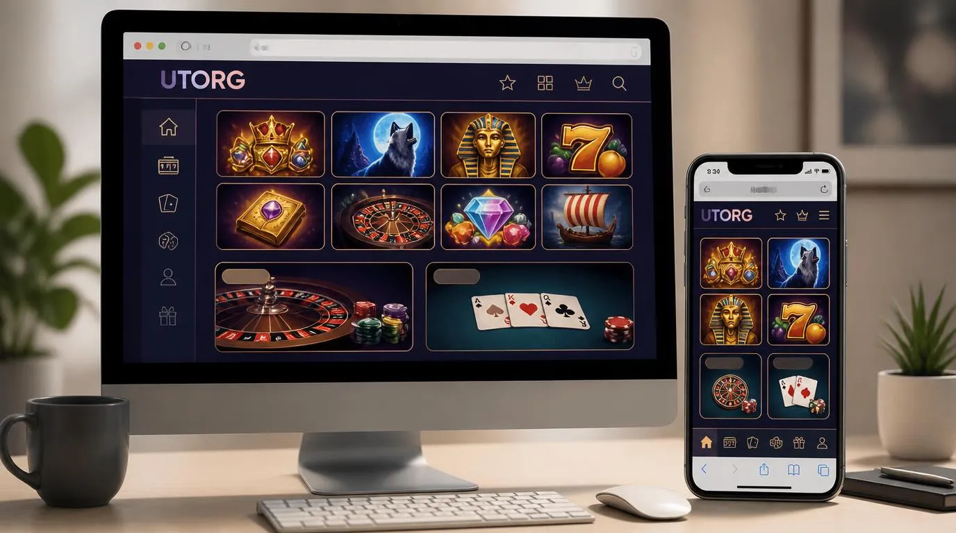 Slot-Auswahl im Desktop-Browser neben einem Smartphone mit gut lesbarer Spieloberfläche