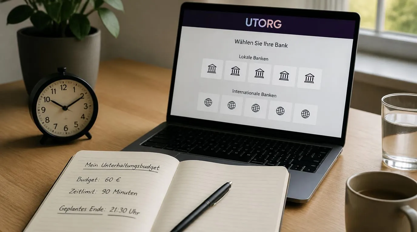 Notizbuch mit persönlichem Spielbudget und Uhr neben einer neutralen Übersicht lokaler und internationaler Bankoptionen