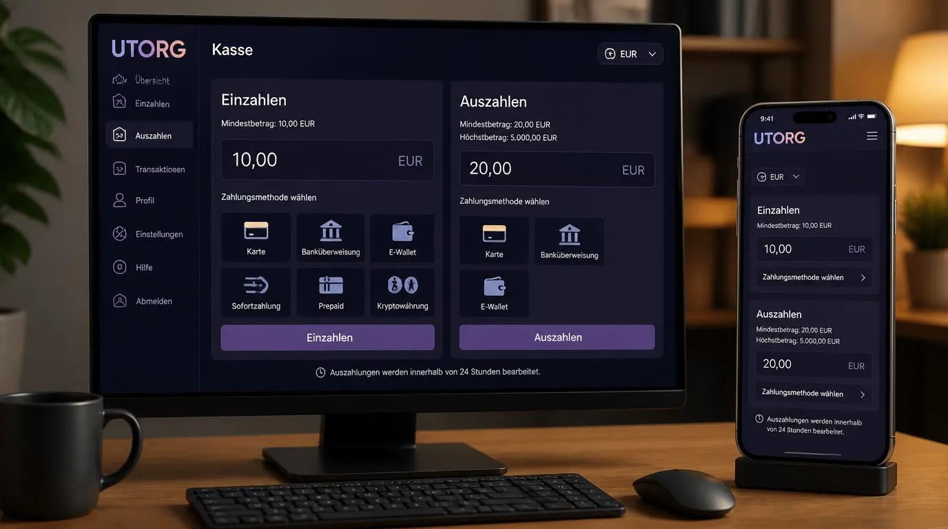 Illustrative Casino-Kasse mit EUR-Auswahl, Zahlungsmethoden und Auszahlungsgrenzen für Spieler in Deutschland